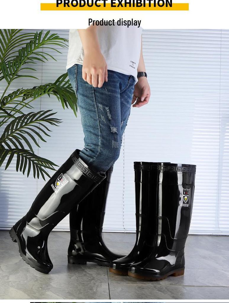 3537 Black 45CM Men's Extra High Rain Boots - Waterproof PVC Work Footwear for Construction Safety