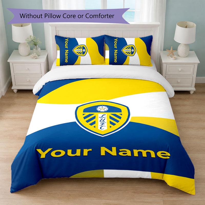 Leeds United Custom Name Text Bedding Set 1 Duvet Cover+2 Pillowcases Soccer Logo Personalized Gift For Special Occasion Bedroom Decor