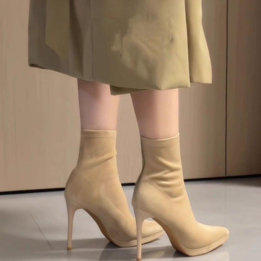 Elastic short boots medium boots fashion thin boots suede waterproof table women elegant pointed super high