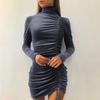 Women's Loose Casual Solid Color Drawstring High Neck Dress With Long Sleeves And Tight Fitting Hip Hugging Dress