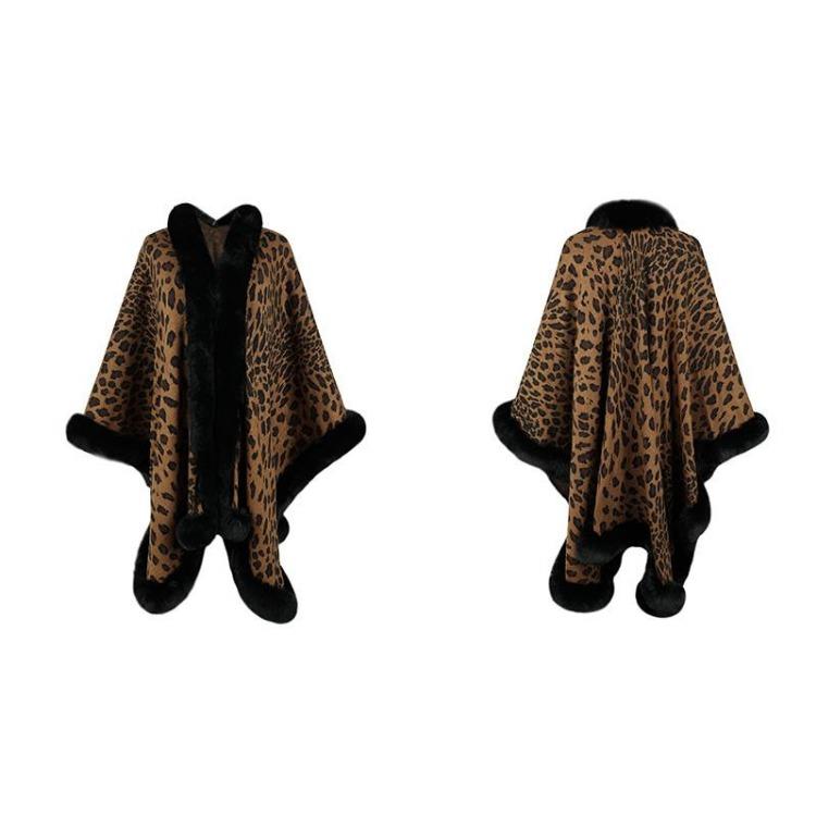 Women Autumn Winter Loose V-Neck Bat Sleeve Cardigan Leopard Knitwear Sweater Cross Border Cloak