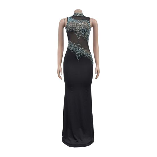 Lady Evening Dress Rhinestone Decor Mesh Patchwork Sleeveless Skinny Round Neck Wedding