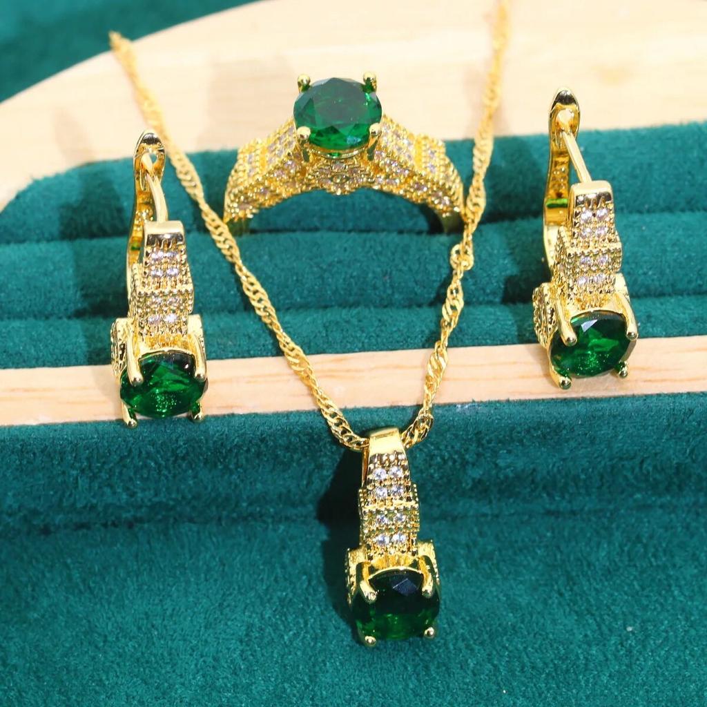 Зеленый циркон золотого цвета Свадебные ювелирные наборы для женщин Серьги для свиданий Ожерелье Кулон Кольцо Браслет Подарки для свиданий