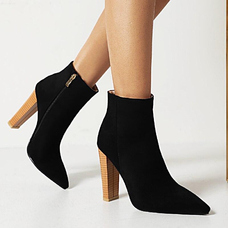 Модные женские ботильоны, сексуальные бежевые, черные ботильоны на каблуке для женщин, брендовая дизайнерская обувь с острым носком, осенне-зимняя вечеринка, большой размер