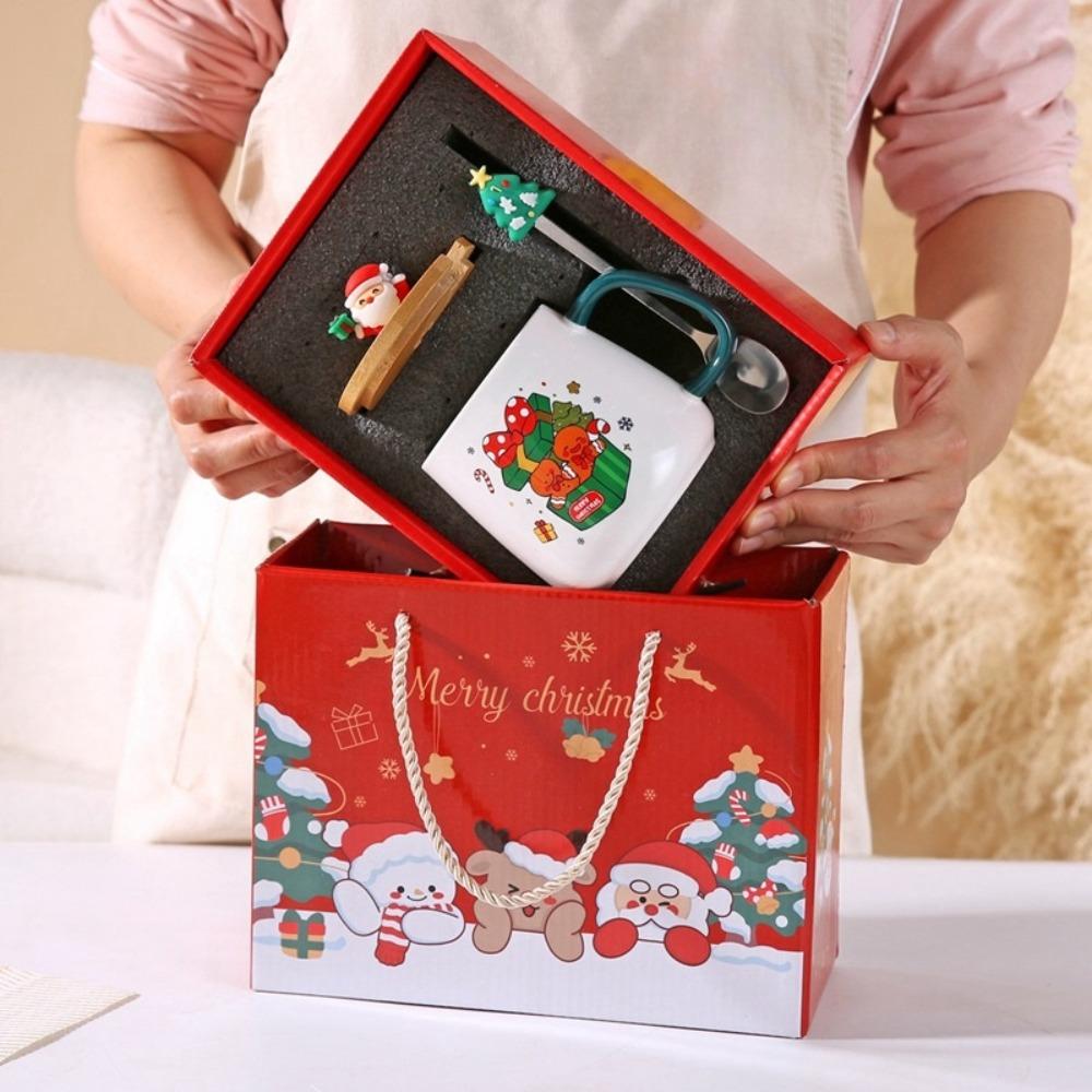 New Merry Christmas Mug Gift Box Ceramic Red Green Cup Spoon Set Party Accessories Wooden Lids Coffee Cup Teaspoon Home Use