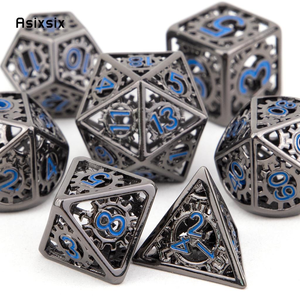 7 Pcs Black Blue Gear Wheel Metal Dice Hollow Metal Polyhedral Dice Set Suitable for Role-Playing RPG Board Game Card Game