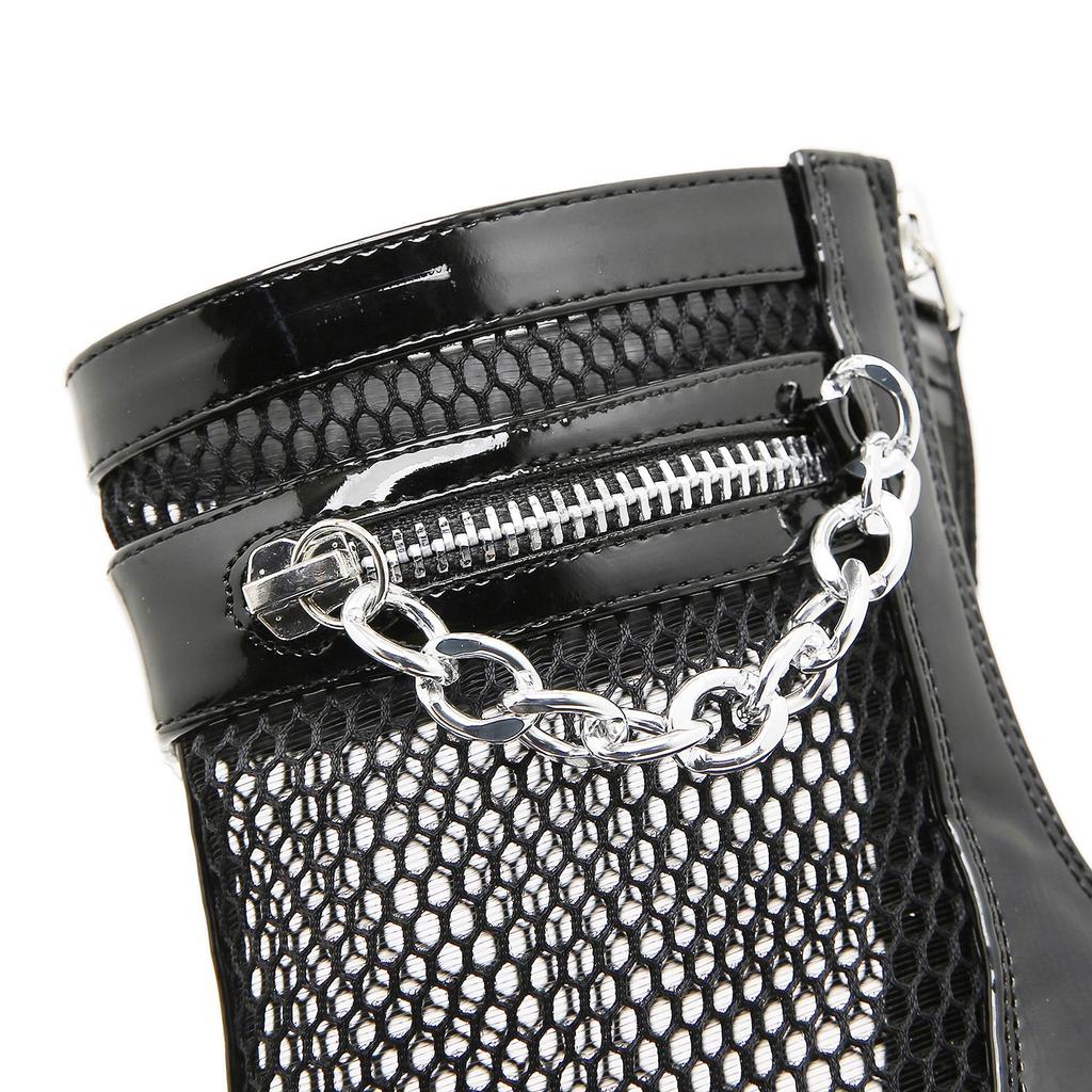 Gdgydh Женские короткие сапоги на блочном каблуке, стильные ботильоны на высоком каблуке с дышащей сеткой и молнией сзади, модная летняя обувь с цепочкой