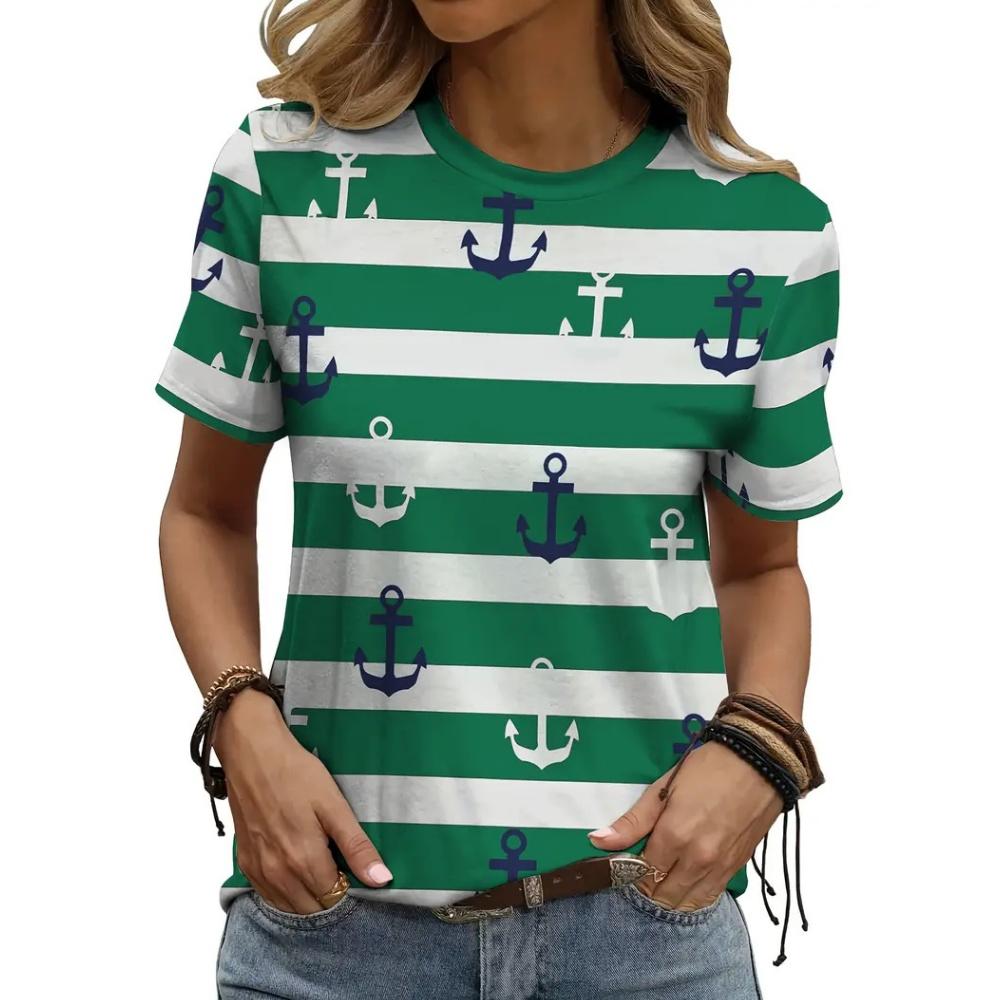 Fashion Boat Anchor Pattern Women's Clothing Summer Striped Patchwork Color Round Neck Short Sleeved Tops Loose Casual Oversize