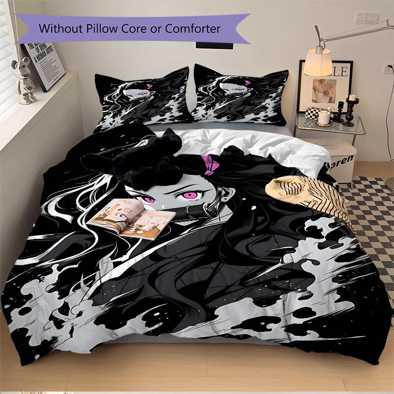 3pcs Kamado Nezuko Printed Quilt Set - Includes 1 Quilt Cover and 2 Pillowcases, Machine Washable - Suitable for All Seasons.H057