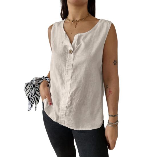 Women Vest Sleeveless Button Decoration Casual Tank Tops Solid Color Cotton Linen Lightweight Breathable Tops