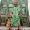 Women Puff Sleeve Long Dresses Boho Loose Geometric Printed Collage Maxi Dress Female Vintage V-Neck Holiday Beach Dress Robe