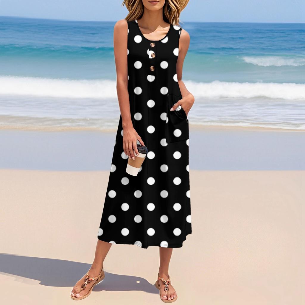 Women's Summer Polka Dot Print Dress Sleeveless Button Down Casual Loose Long Beach Sundress