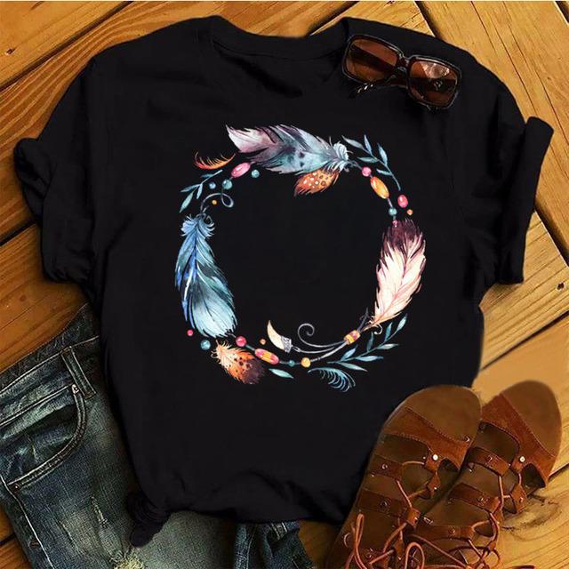 Harajuku женская футболка с принтом в виде перьев и цветов, женская новая черная футболка, женские милые графические футболки, женские повседневные топы, футболка