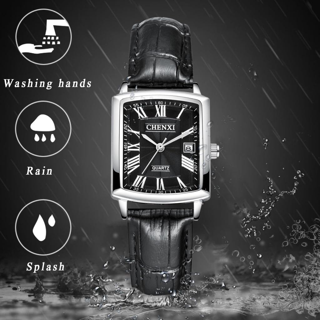 Genuine Leather Pair 3ATM Roman Analog Leather Adjustable Quartz Couple Black Present Women's Watch, Strap, Calendar, Watch Waterproof, Numeral,