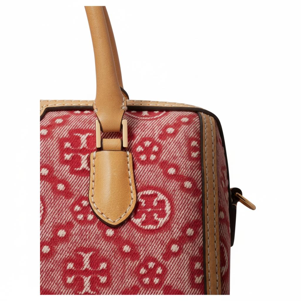 Tory Burch T Monogram Classic Logo Print Cotton Denim Boston Bag Mini Women handbags Bright-Red 183614-612