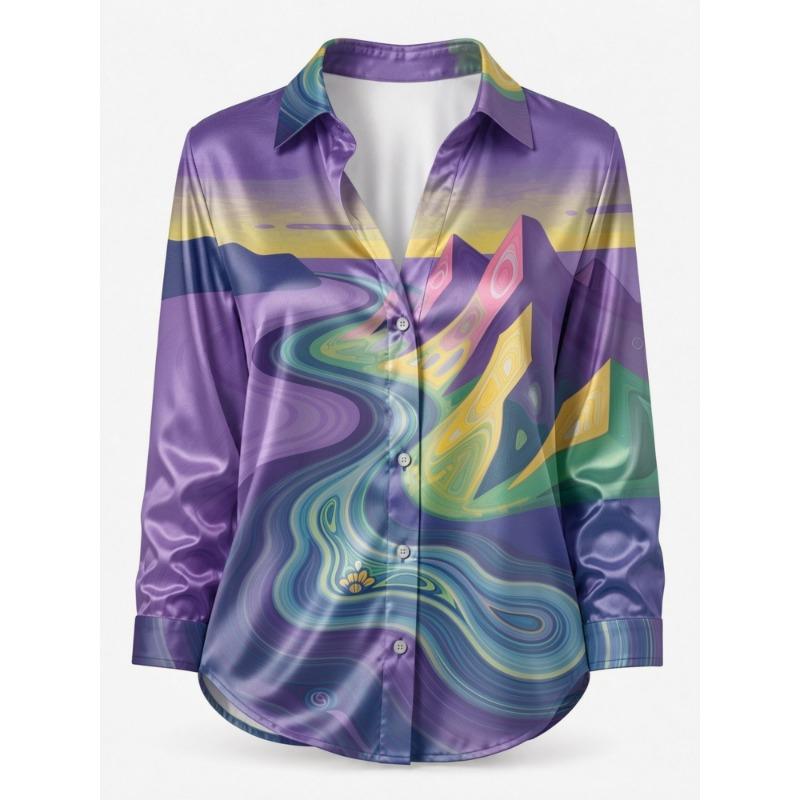 Champagne Wildflower Satin Blouse for Women Long Sleeve Button Down Shirt Boutique Shopping Garden Cafe Elegant Casual Top
