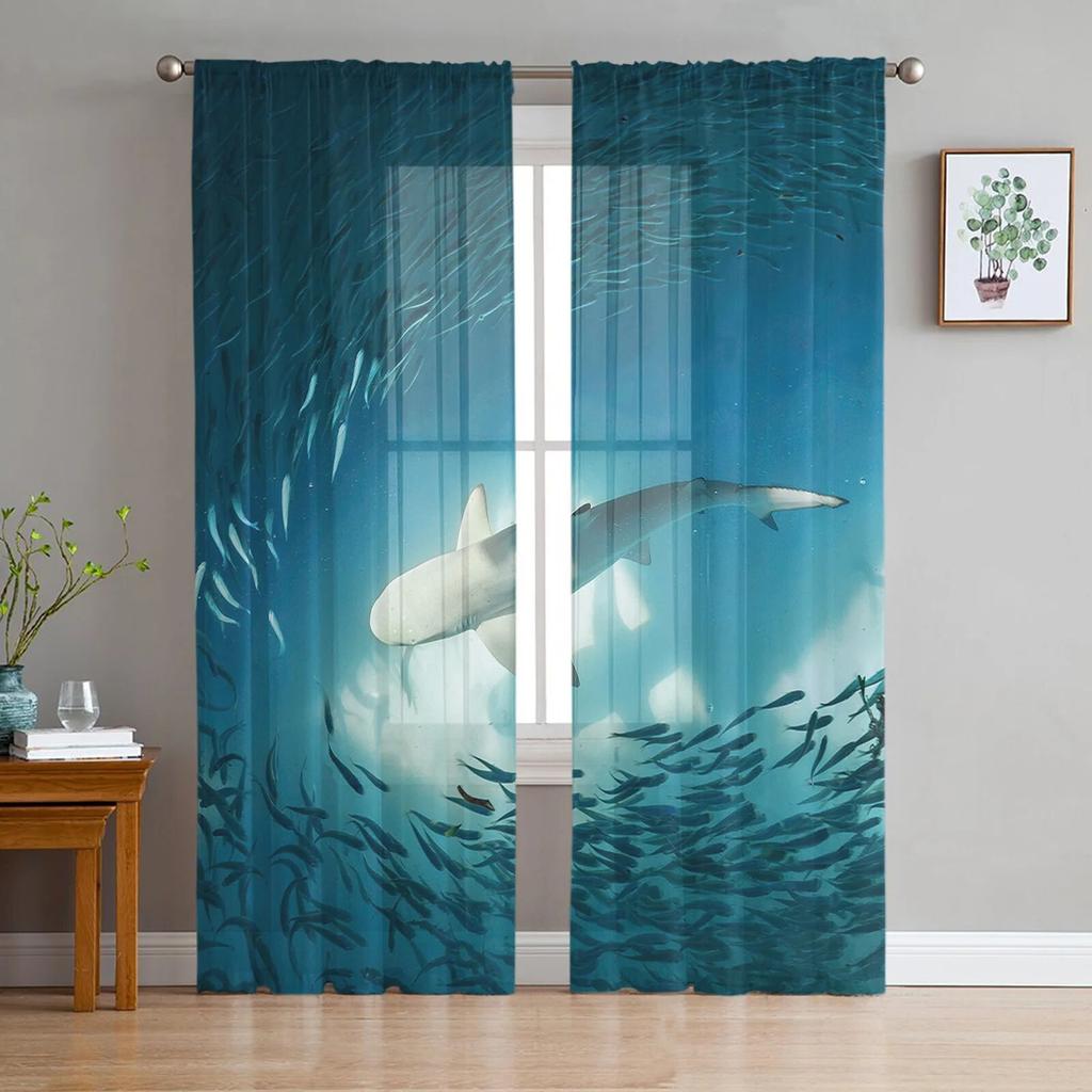 Shark Silhouette Curtain Window Tulle For Living Room Bedroom The Kitchen Window Treatment Decorations Curtains