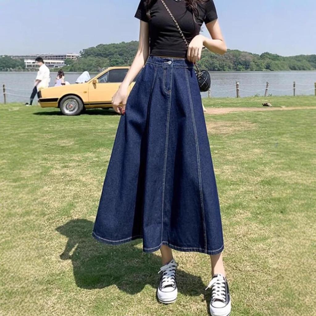 2025 Women's High Waist Slimming Midi Denim A-Line Skirt for Spring/Summer