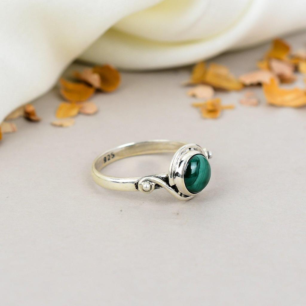 Малахит Драгоценный камень 925 Стерлинговое серебро Круглый драгоценный камень Кольцо ручной работы для женщин