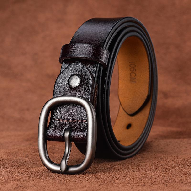 Women'S Leather Pin Buckle Belt, Two-Layer Cowhide Silver Buckle Belt, Casual Matching, Jeans Belt Trendy