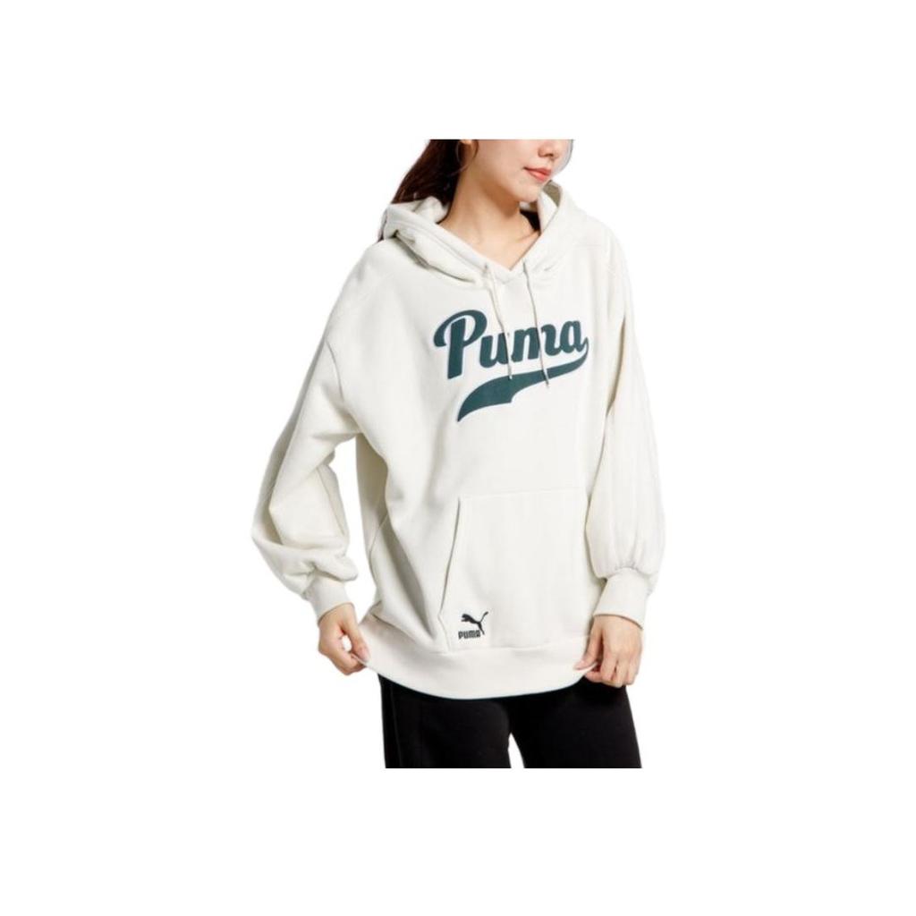 Puma Logo Print Hooded Pullover Fleece Sweatshirt Women Tops White 536184-05