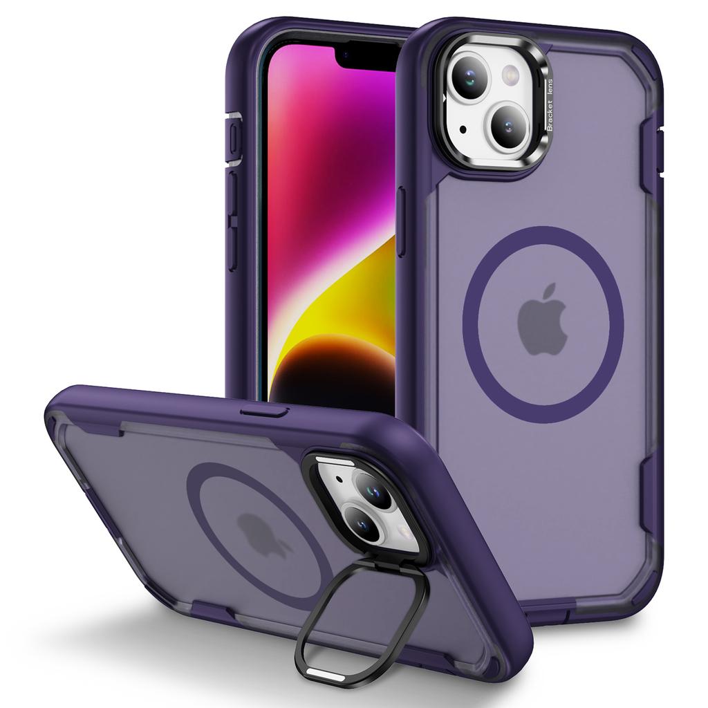 For iPhone 14/13 Case Compatible with MagSafe Lens Frame Kickstand TPU + PC Shockproof Phone Cover