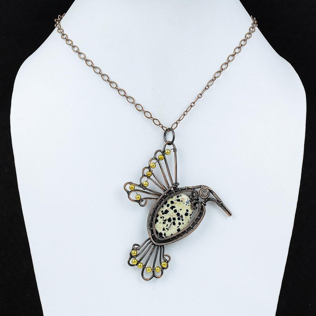 Подвеска из далматинской яшмы, обернутая медной проволокой, ручная работа, украшение из натурального драгоценного камня, стильное медное украшение, подвеска с птицей для подарка