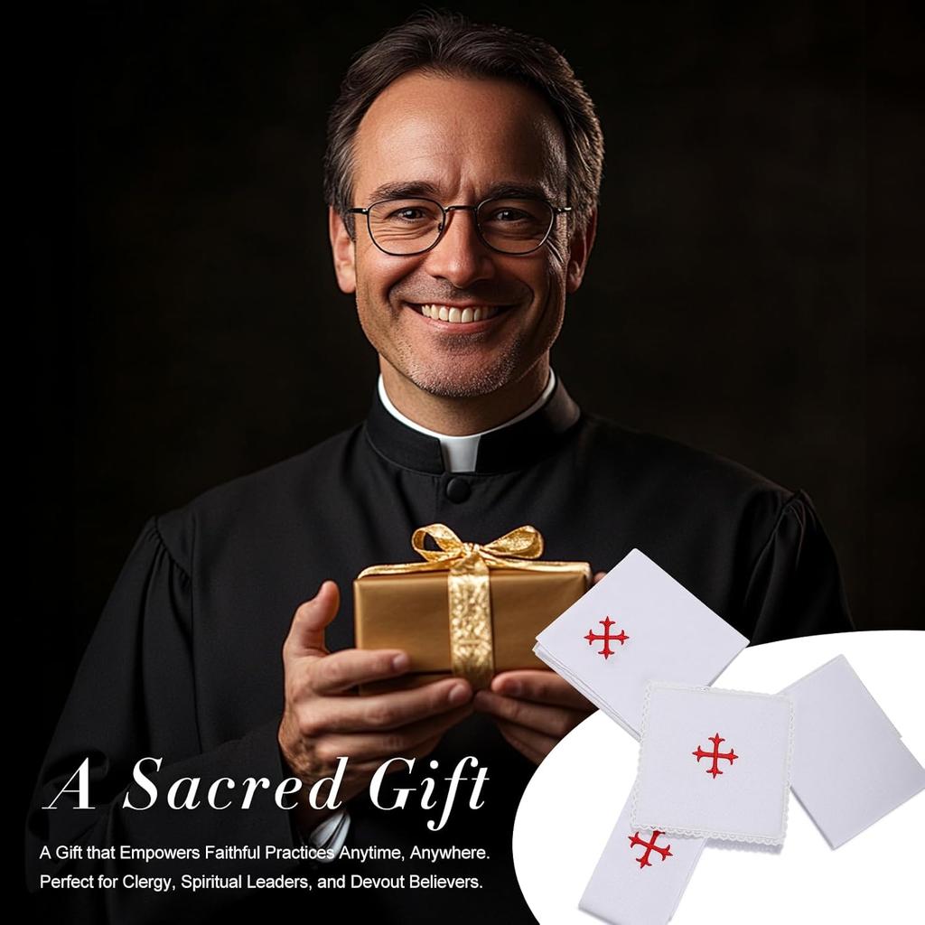 Набор из 4 предметов для алтаря Льняной корпорал для церквей(Поддон,Капрал,Очиститель,Полотенце),Белая льняная алтарная скатерть с вышивкой Красного Креста, Католический набор для Мессы