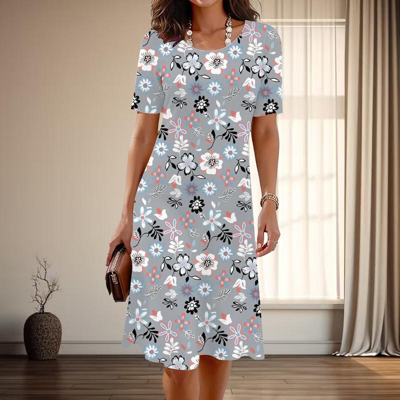 Women's Fashion Graceful Flower Print Summer Spring Short Sleeve O-Neck Casual Dresses