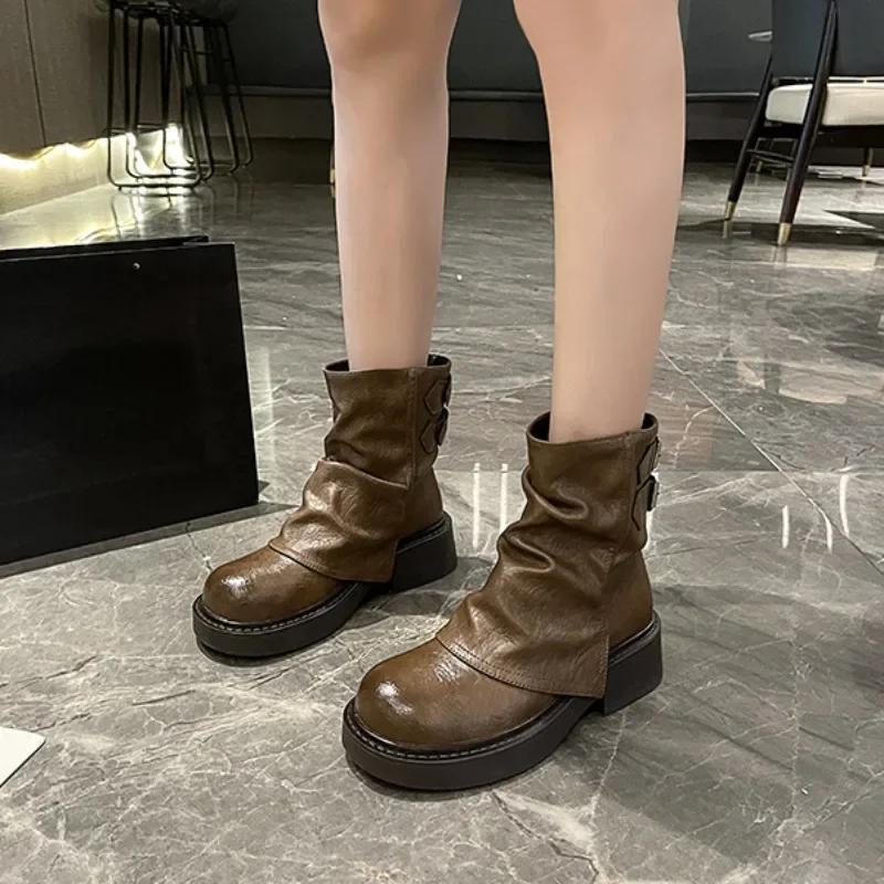 Модные дизайнерские ботинки на платформе с пряжкой для женщин, осенне-зимняя женская обувь с мягкой подошвой, модные повседневные кожаные мотоциклетные ботинки для женщин