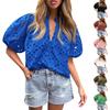 Женская летняя новая модная повседневная кружевная рубашка с v-образным вырезом и пуговицами с пышными рукавами
