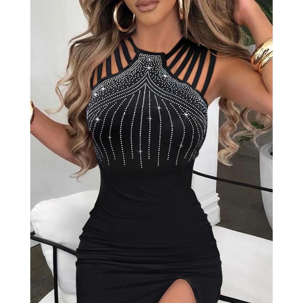 Women's Sleeveless Hot Diamond Slit Long Party Dress