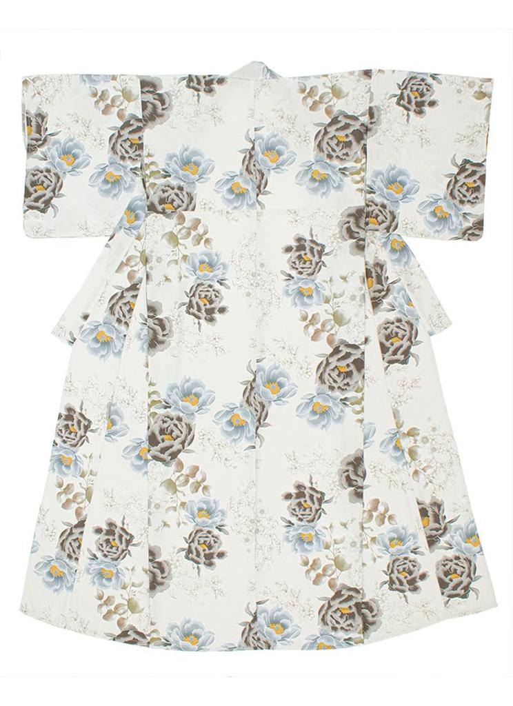 SOUBIEN Floro Yukata Set One Size Fits Walnut with Sky and Gray Pattern Women's 3-Piece (Yukata, Half-Width Obi, Geta) All, (ykt10246-obh10005)