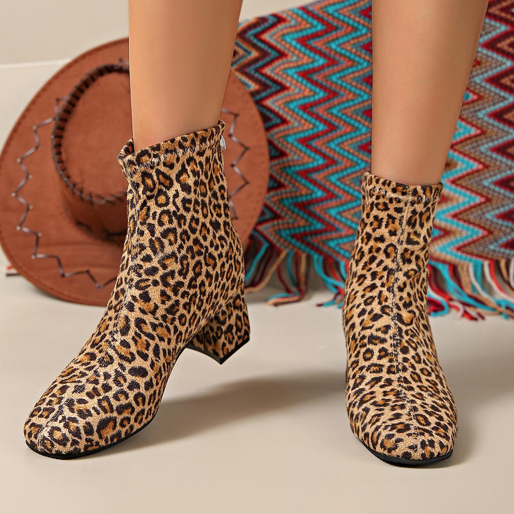 Leopard Print Square Head Thick Heel European and American Fashion Women's Boots Suede Autumn and Winter High Heel Short Boots Large Size Spot Medium