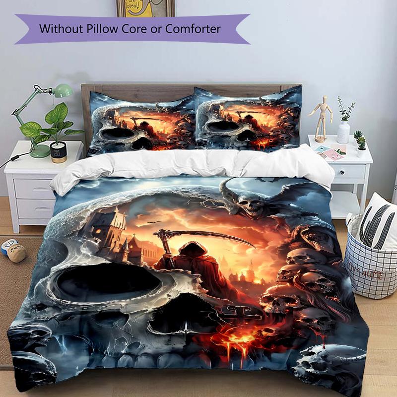 3pcs Skull of Death Quilt Set - Soft and Comfortable Bedroom, Guest Room and Dorm Decor Bedding Set 1 Quilt Cover + 2 Pillowcases.J080
