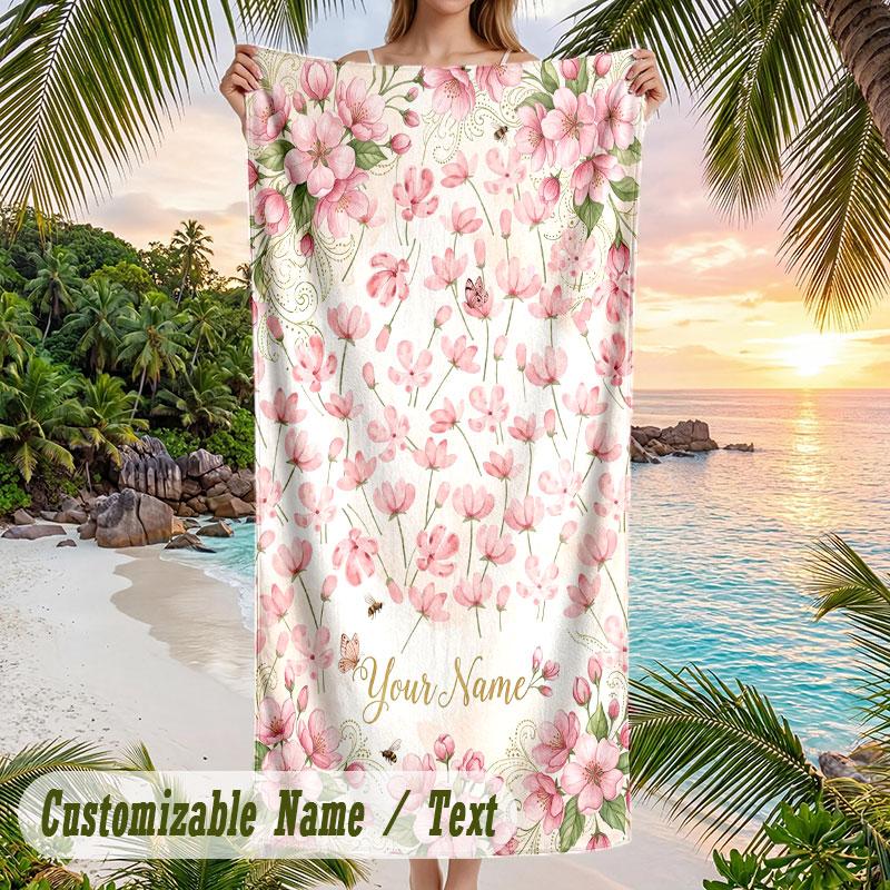 Cherry Blossom Artwork Theme Quick Dry Beach Towel Custom Name Text Print Large Sand Resistant Towel Beach Vacation