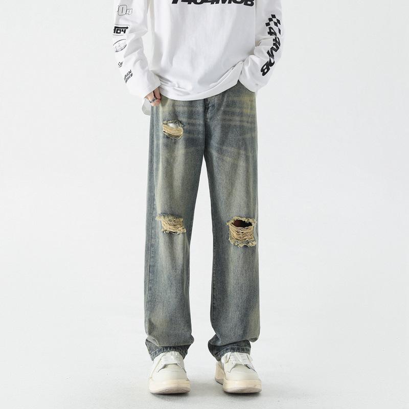 Мужские хлопковые весенние летние рваные джинсы повседневные брюки брюки винтажные широкие джинсовые брюки джинсы для мужчин модная одежда уличная одежда