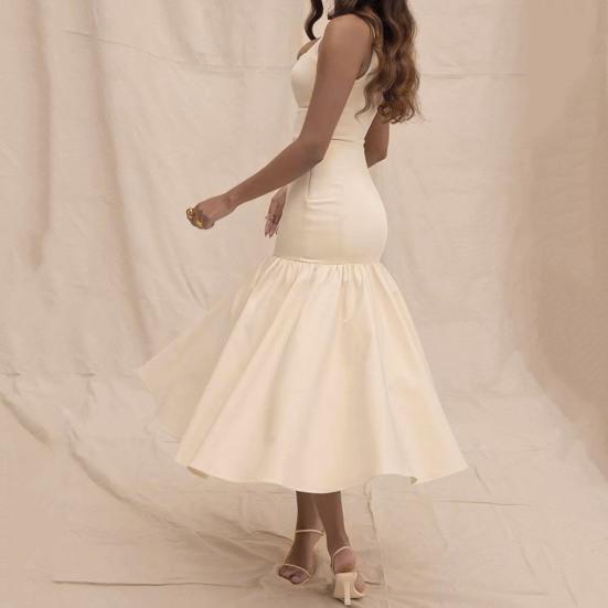 Женское вечернее платье с рюшами на подол, большие качели, облегающее платье без рукавов с открытой спиной, однотонное, с низким вырезом, плиссированное платье для выпускного вечера, длиной до середины икры, миди-платье