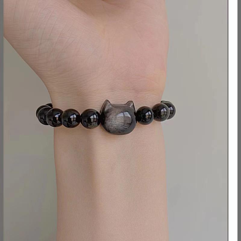 1pc Natural Obsidian Beaded Bracelet For Women, Cute Cat Head Black Crystal Bracelet, Handmade Elastic Gemstone Bangle, Dainty Protection Jewelry Gift