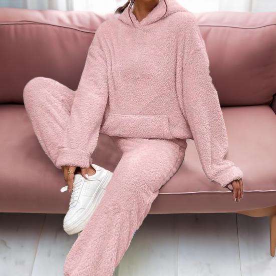Women's Fuzzy Fleece Pajamas Set Winter Plush Pullover Hoodies And Pants Lounge