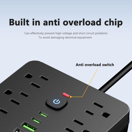 Сетевой фильтр 17-в-1 с 11 розетками, 6 портами USB, защита от перегрузки, ультратонкий