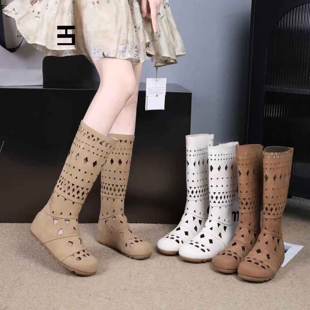 Fashion Women's Bohemian Leather Boots 6cm Heel Hollow Out High-Cut Breathable Slimming Western Cowboy Boots Retro Style