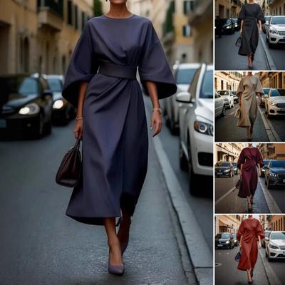 Женское платье миди с рукавами три четверти «летучая мышь», облегающее, с высокой талией, однотонное, с круглым вырезом, длинное платье, летнее, весеннее, выпускное, вечернее ...