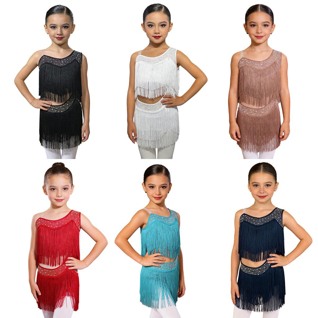 Girls Tassel Latin Dance Dress Asymmetrical Fringe Shiny Rhinestones Cutout Stage Performance Costume