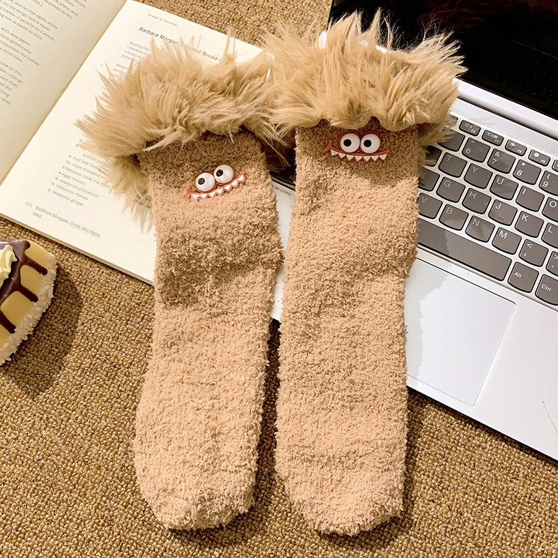 Crazy Big Mouth Monster Plush Socks Thickened Coral Fleece Cartoon Sleep Socks Winter Warm Soft Home Socks for Women Girls