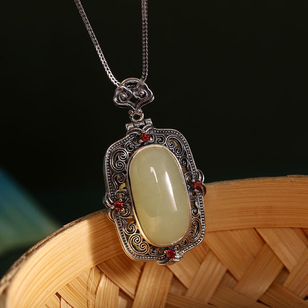 Набор из 12 винтажных этнических подвесок из серебра S925 и нефрита Хетиан с дизайном «Благоприятное облако» и коробкой Га'у