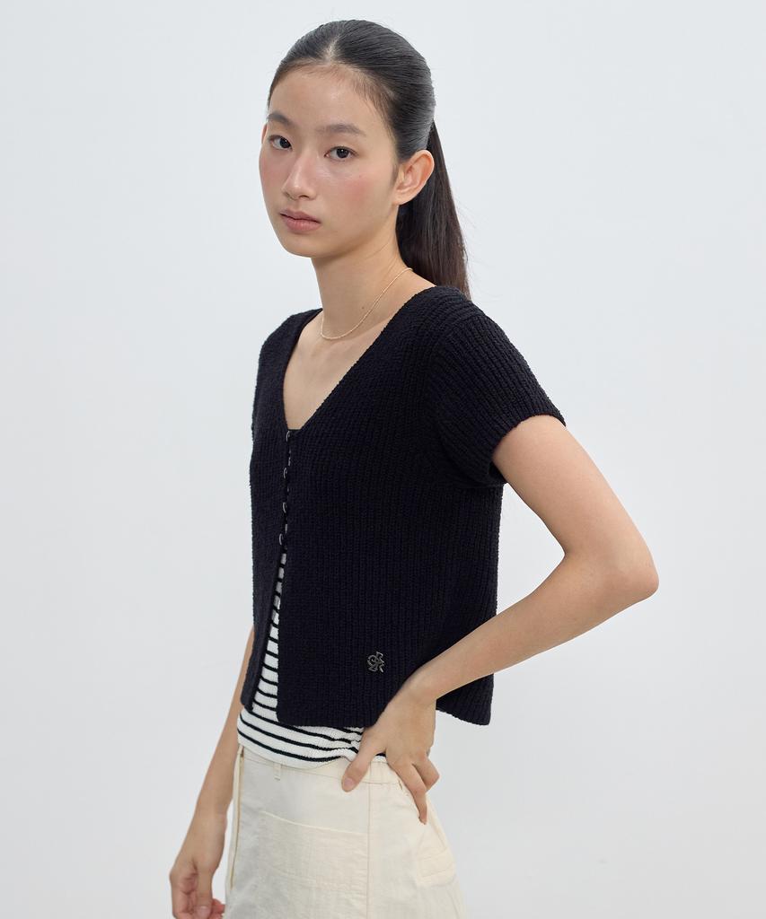 CITYBREEZE V-Neck Short Sleeve Knit Cardigan Set_Black