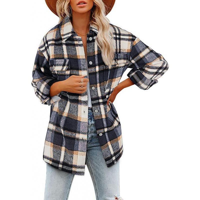 Spring and Autumn Women's Brushed Plaid Shirts Long Sleeve Flannel Lapel Button Down Pocketed Shacket Flannel Jacket Coats