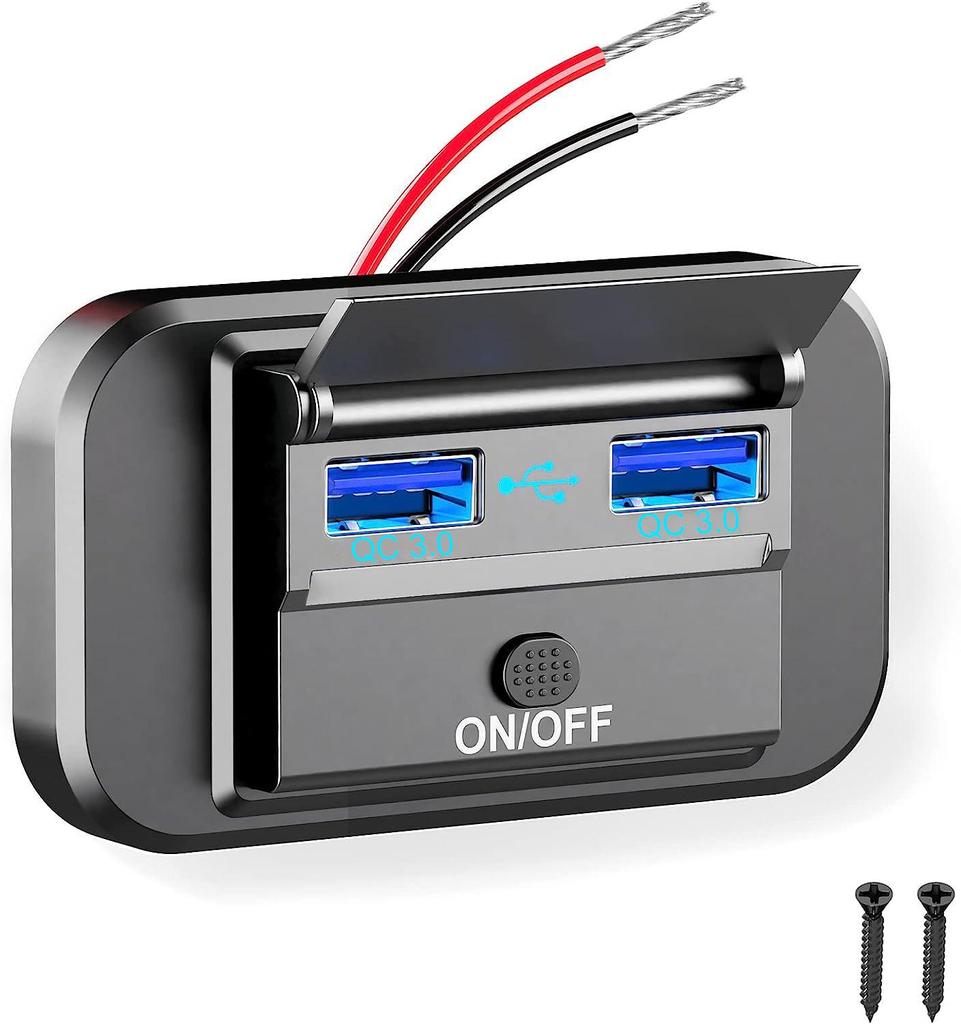 Quick Charge QC 3.0 + PD Type C USB Car Charger Socket Adapter 12V-24V for Auto Motorcycle Marine Atv Boat Rv Bus USB Power Panel with Switch