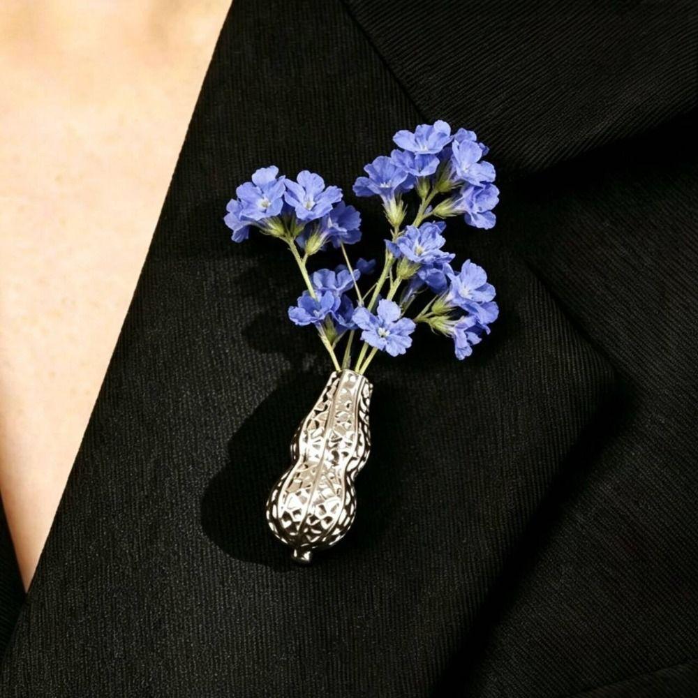 Vintage Bouquet Brooch Silver Vase Shape Brooch Bouquet Flower Holder Brooch Banquet